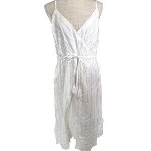 Loft White Dress With Gold & Silver Metallic Lines Drawstring Waist Sleeveless S